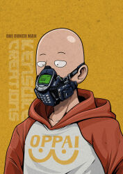 Rule 34 | 1boy, artist name, bald, cellphone, commentary, copyright name, english commentary, highres, hood, hoodie, kensuke creations, male focus, mask, mouth mask, nokia 3310, one-punch man, oppai hoodie, phone, saitama (one-punch man), solo, two-tone hoodie, watermark