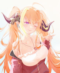 Rule 34 | 1girl, ahoge, bare shoulders, blonde hair, blue background, bow, breasts, camisole, cleavage, cleavage cutout, clothing cutout, collarbone, diagonal-striped bow, dragon girl, dragon horns, frilled camisole, frills, gradient background, grey ribbon, hair intakes, hair ribbon, hand up, highres, hololive, horn bow, horn ornament, horns, jacket, jewelry, kiryu coco, kiryu coco (loungewear), large breasts, light blush, long hair, long sleeves, looking at viewer, messy hair, multicolored hair, off shoulder, official alternate costume, one eye closed, open clothes, open jacket, orange hair, partially unzipped, pendant, pointy ears, purple eyes, red jacket, ribbon, sidelocks, smile, solo, spaghetti strap, streaked hair, striped, striped bow, track jacket, twintails, upper body, virtual youtuber, white background, white camisole, xiao yung lin