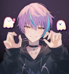 Rule 34 | 1boy, :o, black choker, black hoodie, blue hair, candy, choker, claw pose, commentary, drawstring, earrings, fingernails, food, ghost, hands up, holding, holding candy, holding food, holding lollipop, hood, hood down, hoodie, ichigo ichie na hyakki yagyou!? (project sekai), jewelry, kamishiro rui, lollipop, long sleeves, looking at viewer, male focus, multicolored hair, official alternate hairstyle, project sekai, purple hair, short hair, smile, solo, streaked hair, teeth, two-tone hair, upper body, yuhi (hssh 6)