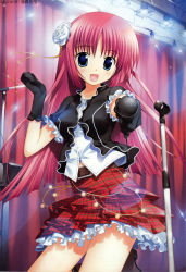 Rule 34 | 1girl, belt, black gloves, blue eyes, boots, flower, frills, fujima takuya, gathers, gloves, hair flower, hair ornament, lace, lace-trimmed gloves, lace trim, looking at viewer, microphone, microphone stand, plaid, plaid skirt, red hair, rose, skirt, solo, stage, white flower, white rose