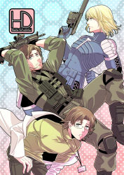 Rule 34 | 3boys, ammunition pouch, blonde hair, brown hair, buckle, closed mouth, glasses, green eyes, gun, hal emmerich, hand on own thigh, holding, holding gun, holding weapon, long sleeves, looking at viewer, male focus, metal gear (series), metal gear solid 2: sons of liberty, multiple boys, open clothes, open mouth, pouch, raiden (metal gear), shibuki oroshi, short hair, sidelocks, snap-fit buckle, solid snake, weapon
