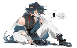 Rule 34 | 1boy, 1other, :3, arknights, bandaged hand, bandages, bare shoulders, black footwear, black headwear, black shirt, blue hair, closed mouth, commentary, doctor (arknights), feather hair, folding fan, glasses, green eyes, hand fan, hat, highres, holding, holding fan, jacket, ling s, looking at viewer, male focus, mr. nothing (arknights), multicolored hair, off shoulder, pants, red hair, shirt, simple background, sitting, smile, socks, streaked hair, symbol-only commentary, tassel, white background, white jacket, white pants