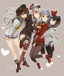 Rule 34 | 10s, 4girls, :3, ^ ^, amatsukaze (kancolle), aran sweater, bad id, bad twitter id, black hair, blue hair, blunt bangs, boots, brown eyes, brown hair, cable knit, closed eyes, clothes tug, dress, fur boots, garter straps, girl sandwich, gloves, hair ornament, hair tubes, hat, hatsukaze (kancolle), heart, hita (hitapita), hug, hug from behind, jumping, kantai collection, long hair, multiple girls, open mouth, pantyhose, red eyes, red legwear, sailor collar, sailor dress, sandwiched, santa hat, shirt, short hair, silver hair, smile, standing, standing on one leg, sweater, sweater tug, thighband pantyhose, thighhighs, tied shirt, tokitsukaze (kancolle), two side up, white gloves, yukikaze (kancolle)