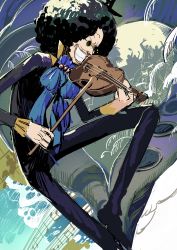 Rule 34 | 1boy, absurdres, afro, ascot, black hair, black pants, black shirt, brook (one piece), grin, highres, instrument, male focus, music, one piece, pants, playing instrument, shirt, smile, solo, sunglasses, tachibana (7k yj), violin