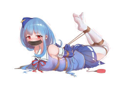Rule 34 | absurdres, alicetrina, bdsm, blue hair, bondage, bound, feet, gagged, hat, highres, hogtie, long hair, no shoes, pantyhose, quincy (warship girls r), red eyes, restrained, rope, sex toy, shibari, soles, solo, vibrator, vibrator under clothes, warship girls r, white pantyhose