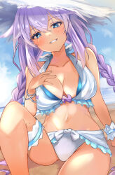 Rule 34 | 1girl, absurdres, beach, bikini, bimmy, blue eyes, braid, breasts, hair ornament, highres, large breasts, long hair, looking at viewer, neptune (series), outdoors, power symbol, power symbol-shaped pupils, purple bikini, purple hair, purple heart (neptunia), sitting, smile, solo, swimsuit, symbol-shaped pupils, twin braids, very long hair, water