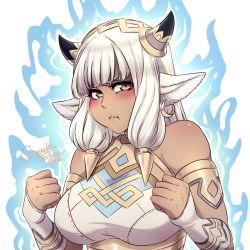 Rule 34 | 1girl, animal ears, ash (fire emblem), aura, black horns, blush, breasts, brown eyes, choker, cow ears, cow girl, cow horns, crescentia fortuna, dark-skinned female, dark skin, fire emblem, fire emblem heroes, glowing, highres, holding, horns, jewelry, large breasts, looking at viewer, nintendo, piercing, pout, solo, staff, white hair