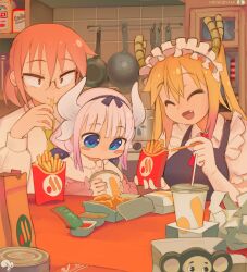 Rule 34 | 3girls, :d, beads, blonde hair, blue dress, blue eyes, breasts, brown eyes, cheburashka, closed mouth, commentary, cup, derivative work, dragon girl, dragon horns, dress, dress shirt, english commentary, fang, food, french fries, glasses, gloves, hair beads, hair ornament, highres, holding, holding food, horns, indoors, kanna kamui, kobayashi-san chi no maidragon, kobayashi (maidragon), krokobyaka, large breasts, long hair, long sleeves, maid headdress, mcdonald&#039;s, multiple girls, necktie, open mouth, pinafore dress, purple hair, red hair, red necktie, shirt, short hair, sleeveless, sleeveless dress, smile, tohru (maidragon), twintails, vkusno i tochka, white gloves, white shirt, yellow necktie, yoru mac