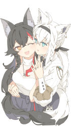 Rule 34 | 2girls, animal ears, black bow, black skirt, blush, bow, braid, breasts, brown eyes, cheek-to-cheek, fang, fox ears, fox tail, heads together, highres, holding hands, hololive, hug, hug from behind, jewelry, medium breasts, miteiru (shirakami fubuki), multiple girls, necklace, one eye closed, ookami mio, ookami mio (street), open mouth, ornate ring, ring, shirakami fubuki, skirt, sleeveless, sleeveless sweater, smile, sweater, sweater tucked in, tail, tataki tuna, turtleneck, virtual youtuber, white background, white hair, white sweater, wolf ears, wolf tail, yuri