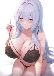 Rule 34 | 1girl, aqua eyes, bare arms, bare shoulders, black bra, black panties, blush, bra, breasts, cleavage, closed mouth, collarbone, futon fly away, highres, large breasts, long hair, looking at viewer, original, panties, simple background, sitting, smile, solo, strap pull, underwear, white background