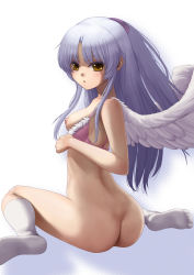 Rule 34 | 10s, 1girl, :o, angel beats!, angel wings, arched back, ass, back, blush, bottomless, bra, bra pull, breasts, breasts out, clothes pull, embarrassed, fake wings, feet, fur trim, halftone, halftone background, highres, kneehighs, lingerie, long hair, looking at viewer, looking back, nipples, one side up, open mouth, parted bangs, pink bra, ponytail, profile, sawaragi, scrunchie, sideboob, sidelocks, silver hair, sitting, small breasts, socks, soles, solo, spread legs, tenshi (angel beats!), underwear, underwear only, wariza, white socks, wings, yellow eyes