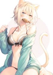 Rule 34 | 1girl, animal ears, bare shoulders, barefoot, black bra, blonde hair, blue eyes, blue jacket, bra, breasts, cat day, cat ears, cat girl, cat tail, cleavage, collarbone, food, front-tie bra, hand up, heterochromia, highres, jacket, lingerie, long sleeves, looking at viewer, medium breasts, mouth hold, off shoulder, open clothes, open jacket, original, short hair, sitting, solo, stomach, tail, tail raised, taiyaki, toosaka asagi, underwear, wagashi, yellow eyes