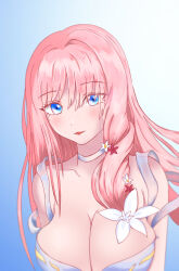 Rule 34 | 1girl, bikini, bloom, blue background, blue bikini, blue eyes, breasts, brown dust 2, choker, cleavage, eyebrows hidden by hair, flower, gradient background, hair between eyes, hair flower, hair ornament, hair over one eye, highres, kirarazaga, large breasts, light blush, lips, long hair, open mouth, pink hair, red flower, simple background, smile, solo, swimsuit, sylvia (brown dust), upper body, very long hair, white choker, white flower