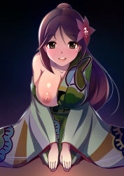 Rule 34 | 10s, 1girl, ahen, amagi (kancolle), blush, breast slip, breasts, breasts out, brown eyes, brown hair, flower, furisode, hair flower, hair ornament, japanese clothes, kantai collection, kimono, kneeling, large breasts, leaning forward, long hair, looking at viewer, mole, mole under eye, nipples, off shoulder, one breast out, open mouth, ponytail, smile, solo