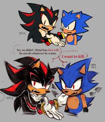 Rule 34 | 2boys, 9474s0ul, alternate universe, animal ears, animal nose, commentary, english commentary, english text, fang, furry, furry male, gloves, grey background, half-closed eyes, hand on another&#039;s shoulder, looking at viewer, male focus, metal sonic, multiple boys, open mouth, red eyes, shadow the hedgehog, signature, simple background, sonic (series), speech bubble, upper body, white gloves