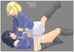 Rule 34 | 10s, 2girls, andou (girls und panzer), bc freedom military uniform, black footwear, black hair, blonde hair, blue eyes, blue jacket, blue vest, boots, brown eyes, character name, comiket 93, commentary request, english text, girls und panzer, grey background, jacket, kitaminami, kneeling, long sleeves, looking at another, lying, military, military uniform, miniskirt, multiple girls, on back, open mouth, oshida (girls und panzer), pleated skirt, short hair, simple background, skirt, straddling, uniform, vest, white skirt