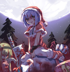Rule 34 | 2girls, blood, capelet, christmas, cleaver, death, female focus, full moon, guro, hassai, hat, highres, moon, multiple girls, night, open mouth, original, outdoors, purple hair, santa hat, sitting, wariza