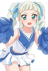 Rule 34 | &gt;:o, 1girl, :o, aikatsu!, aikatsu! (series), aqua eyes, bare arms, bare shoulders, blue bow, blue ribbon, blue shirt, blue skirt, blunt bangs, blush, bow, breasts, cheerleader, collarbone, commentary request, cowboy shot, crop top, drill hair, fang, hair bow, hair ribbon, hands up, highres, holding, holding pom poms, leaning forward, long hair, looking at viewer, midriff, midriff peek, miniskirt, open mouth, pleated skirt, pom pom (cheerleading), pom poms, ribbon, sekina, shirt, sidelocks, simple background, sketch, skirt, sleeveless, sleeveless shirt, small breasts, solo, standing, todo yurika, twin drills, twintails, v-shaped eyebrows, wavy mouth, white background, white hair, white shirt, white skirt