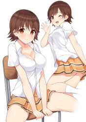 Rule 34 | 10s, 1girl, ;d, ass, blush, breasts, brown eyes, brown hair, chair, cleavage, dress shirt, highres, honda mio, idolmaster, idolmaster cinderella girls, looking at viewer, medium breasts, multiple views, one eye closed, open mouth, pleated skirt, school uniform, shirt, short hair, shuuichi, simple background, sitting, skirt, smile, white background