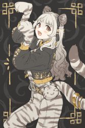 Rule 34 | 1girl, :d, animal hands, animal print, arm up, black background, black jacket, brown eyes, chinese zodiac, double bun, fangs, gloves, grey hair, hair bun, highres, jacket, long hair, long sleeves, looking at viewer, open clothes, open jacket, open mouth, original, pants, paw gloves, print pants, print shirt, puffy long sleeves, puffy sleeves, shirt, smile, solo, tail, tiger print, tiger tail, umeno, very long hair, white hair, white pants, white shirt, year of the tiger