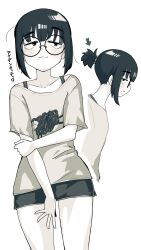 Rule 34 | 1girl, arrow (symbol), band shirt, closed mouth, commentary request, cowboy shot, cropped torso, dolphin shorts, freckles, glasses, greyscale, half-closed eyes, highres, holding own arm, jimiko, light blush, light smile, looking at viewer, merchandise, minor threat, mole, mole under mouth, monochrome, multiple views, original, round eyewear, shirt, short hair, short ponytail, short shorts, short sleeves, shorts, sidelocks, simple background, spaghetti strap, standing, stggc, t-shirt, tareme, translation request