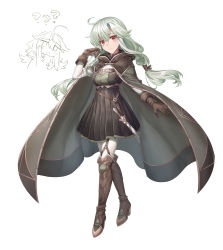 Rule 34 | 1girl, ?, ??, absurdres, ahoge, ari (shichigatsu), bad id, bad pixiv id, boots, braid, breasts, brown gloves, cape, chibi, chibi inset, closed mouth, dagger, full body, gloves, green hair, grey cape, hand up, high-waist skirt, high heel boots, high heels, highres, hood, hooded cape, knee boots, knife, long hair, looking at viewer, medium breasts, original, pants, pleated skirt, red eyes, shichigatsu, simple background, skirt, solo, standing, twin braids, twintails, weapon, white background, white pants