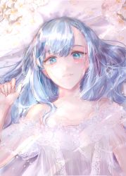 Rule 34 | 1girl, absurdres, arare999, bad id, bad pixiv id, blue eyes, blue hair, code geass, flower, highres, lace, lingerie, long hair, looking at viewer, lying, negligee, nunnally vi britannia, on back, solo, tears, underwear, unusually open eyes