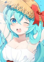 Rule 34 | 1girl, 345 myk, aqua eyes, aqua hair, armpits, arms behind back, arms up, bare shoulders, blue hair, breasts, camisole, cleavage, collarbone, crossed bangs, dress, hair between eyes, hat, hatsune miku, highres, light blush, long hair, looking at viewer, one eye closed, open mouth, smile, solo, straw hat, summer, sundress, upper body, vocaloid, water drop, white dress