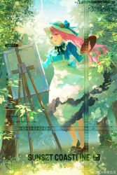 Rule 34 | 1girl, animal ears, apron, bird, black footwear, blue bow, blue dress, blue sky, bow, bowtie, canvas (object), cat ears, chinese commentary, cloud, commentary request, day, dress, easel, english text, flower, frilled dress, frills, full body, geyegua, grass, hat, hat bow, hat flower, highres, holding, holding palette, juliet sleeves, long hair, long sleeves, nature, open mouth, original, outdoors, palette (object), pink eyes, pink hair, puffy sleeves, red eyes, ribbon, sample watermark, shirt, shoes, skirt, sky, smile, solo, standing, sun hat, sunflower, sunlight, teeth, tree, upper teeth only, watermark, weibo logo, weibo watermark, white apron, white hat
