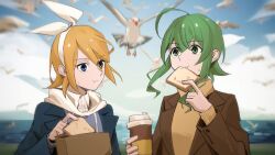 Rule 34 | 2girls, ahoge, bag, bird, blonde hair, blue eyes, blue jacket, blue shirt, blurry, blurry background, bow, bow hairband, bread, bread slice, brown jacket, cup, disposable cup, drawstring, eating, food, full mouth, green hair, gumi, hair bow, hairband, highres, holding, holding cup, holding food, hood, hoodie, jacket, kagamine rin, multiple girls, ocean, orange sweater, outdoors, paper bag, ribbed sleeves, seagull, shirt, short hair, sidelocks, sky, sweat, sweater, toast, turtleneck, turtleneck sweater, upper body, vocaloid, white bow, white hood, wounds404