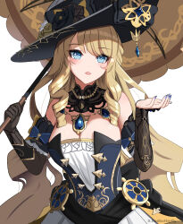 Rule 34 | absurdres, bare shoulders, black flower, black hat, black robe, blonde hair, blue dress, blue eyes, blue gemstone, blue nails, blush, breasts, cleavage, detached collar, detached sleeves, dress, drill hair, drill sidelocks, flower, gem, genshin impact, hat, hat feather, hat flower, highres, holding, holding umbrella, large breasts, long hair, looking at viewer, nail polish, navia (genshin impact), robe, s redbutterfly, ship&#039;s wheel, sidelocks, simple background, strapless, strapless dress, tricorne, two-tone dress, umbrella, white background, white dress