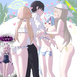 Rule 34 | 1boy, 4girls, ahoge, bikini, blue archive, blue hair, blue one-piece swimsuit, breasts, chise (blue archive), chise (swimsuit) (blue archive), demon horns, demon wings, frilled bikini, frills, halo, hat, hifumi (blue archive), hifumi (swimsuit) (blue archive), highres, hina (blue archive), hina (swimsuit) (blue archive), horns, large breasts, light brown hair, long hair, low twintails, low wings, multiple girls, multiple horns, name tag, nonomi (blue archive), nonomi (swimsuit) (blue archive), official alternate costume, old school swimsuit, one-piece swimsuit, oni horns, parted bangs, purple eyes, red eyes, red horns, school swimsuit, sensei (blue archive), side-tie bikini bottom, sleeves rolled up, striped bikini, striped clothes, sun hat, swimsuit, tonomiya68, twintails, very long hair, white bikini, white hair, white headwear, wings, yellow bikini