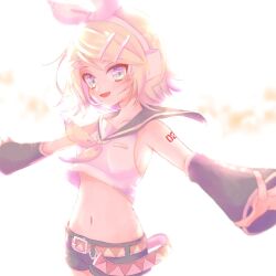 Rule 34 | 1girl, backlighting, bare shoulders, belt, belt buckle, blonde hair, blue eyes, bow, breasts, buckle, collarbone, detached sleeves, hair bow, hair ornament, hairclip, headphones, headset, highres, kagamine rin, looking at viewer, medium hair, midriff peek, navel, neckerchief, nnc225, number tattoo, open mouth, outstretched arms, sailor collar, short hair, shorts, shoulder tattoo, sideboob, sideways glance, small breasts, smile, solo, tattoo, treble clef, tsurime, vocaloid, white bow, yellow neckerchief