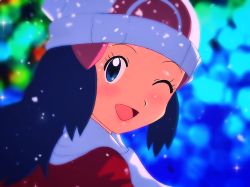 Rule 34 | 1girl, ;d, beanie, blue eyes, blue hair, blurry, blurry background, blush, coat, commentary request, creatures (company), dawn (pokemon), eyelashes, game freak, hair ornament, hairclip, hat, highres, long hair, looking at viewer, nintendo, one eye closed, open mouth, pokemon, pokemon (anime), pokemon dppt (anime), portrait, red coat, scarf, smile, snowing, solo, tekken papiyon, tongue, white hat, white scarf, winter clothes