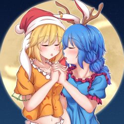 Rule 34 | 2girls, after kiss, alternate headwear, animal ears, antlers, arm up, blonde hair, blue dress, blue hair, blush, collarbone, commentary, dress, earclip, facing another, floppy ears, full moon, hat, heart, highres, holding hands, horns, interlocked fingers, low twintails, midriff, moon, multiple girls, navel, night, orange shirt, outdoors, puffy short sleeves, puffy sleeves, rabbit ears, reindeer antlers, ringo (touhou), saliva, saliva trail, santa hat, seiran (touhou), shirt, short hair, short sleeves, siw0n, standing, tongue, tongue out, touhou, twintails, upper body, yuri