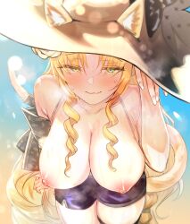 Rule 34 | 1girl, animal ears, arknights, blonde hair, blush, breasts, cat ears, cat girl, cat tail, cleavage, collarbone, commentary, drill hair, elsi, english commentary, from above, green eyes, hat, highres, large breasts, long hair, looking at viewer, looking up, nipples, smile, solo, swire (arknights), swire the elegant wit (arknights), tail, twin drills, wavy mouth