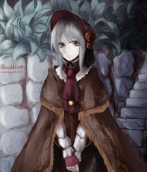 Rule 34 | &gt;:(, 1girl, angry, bloodborne, bonnet, centon (736023681), cloak, copyright name, doll joints, flower, frown, green eyes, joints, long skirt, long sleeves, looking at viewer, plain doll, puffy long sleeves, puffy sleeves, rose, silver hair, skirt, solo, stone wall, swept bangs, upper body, v-shaped eyebrows, v arms, wall