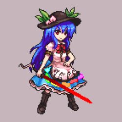 Rule 34 | 1girl, black hat, blue hair, blue skirt, boots, bow, bowtie, brown background, brown footwear, buttons, coat, food, frilled skirt, frills, fruit, full body, hand on own hip, hat, hinanawi tenshi, holding, holding sword, holding weapon, knee boots, leaf, long hair, long skirt, lowres, peach, pixel art, puffy short sleeves, puffy sleeves, rainbow order, red bow, red bowtie, red eyes, samezuma jouji, short sleeves, simple background, skirt, smile, smirk, solo, standing, sword, sword of hisou, touhou, very long hair, weapon