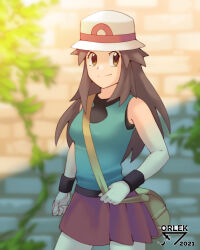 Rule 34 | 1girl, absurdres, artist name, bag, black wristband, blurry, blurry background, breasts, brown eyes, brown hair, bucket hat, closed mouth, commentary, creatures (company), day, eyelashes, game freak, green shirt, hair flaps, hat, highres, holding strap, leaf (pokemon), long hair, nintendo, orlek, outdoors, pleated skirt, pokemon, pokemon frlg, red skirt, shadow, shirt, shoulder bag, sidelocks, skirt, sleeveless, sleeveless shirt, smile, solo, white hat, yellow bag