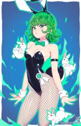 Rule 34 | 1girl, animal ears, black leotard, blush, bow, bowtie, breasts, curly hair, curvy, detached collar, fake animal ears, fake tail, fishnet pantyhose, fishnets, green eyes, green hair, highleg, highleg leotard, highres, leotard, looking at viewer, one-punch man, pantyhose, playboy bunny, rabbit ears, rabbit tail, shiny clothes, shiny skin, short hair, small breasts, solo, strapless, strapless leotard, tail, tatsumaki, thong leotard, wide hips, wrist cuffs