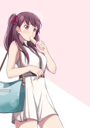 Rule 34 | 1girl, bad id, bad pixiv id, bag, brown hair, dress, food, food on clothes, girls&#039; frontline, hair ribbon, highres, popsicle, purple hair, purple ribbon, ribbon, simple background, sleeveless, sleeveless dress, solo, twintails, wa2000 (girls&#039; frontline), yousan00