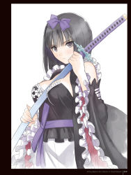 Rule 34 | 1girl, between breasts, black hair, bob cut, bow, breasts, cleavage, closed mouth, detached collar, detached sleeves, dress, frilled sleeves, frills, hair bow, hairband, highres, holding, japanese clothes, katana, long sleeves, looking at viewer, medium breasts, official art, page number, purple eyes, sash, scan, sheath, sheathed, shining (series), shining blade, short hair, simple background, solo, straight hair, sword, tony taka, weapon, white background, wide sleeves, yukihime (shining)
