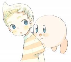 Rule 34 | 1boy, blonde hair, blue eyes, kirby, kirby (series), lucas (mother 3), male focus, mother (game), mother 3, nintendo, quiff, shirt, smile, striped clothes, striped shirt, super smash bros.