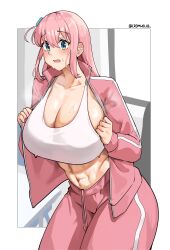 Rule 34 | 1girl, abs, absurdres, alternate body size, aqua eyes, artist name, blush, bocchi the rock!, breasts, cleavage, collarbone, commentary, cromwellb, cube hair ornament, gotoh hitori, hair between eyes, hair ornament, highres, huge breasts, jacket, leaning forward, long hair, looking at viewer, navel, one side up, open clothes, open jacket, open mouth, pants, pink hair, pink jacket, pink pants, solo, standing, steaming body, sweat, tank top, thighs, track jacket, track pants, twitter username, white background, white tank top