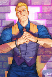 Rule 34 | 1boy, artist name, belt, blonde hair, blue eyes, brick wall, broken handcuffs, capcom, clenched hands, clothes, cody travers, cracking knuckles, cuffs, facial hair, facing viewer, final fight, frown, hair slicked back, handcuffs, highres, looking at viewer, male focus, necktie, pants, shirt, short hair, simple background, solo, standing, street fighter, street fighter v, stubble, uncensored, upper body, vest, waistcoat, wallace pires, watch, wristwatch