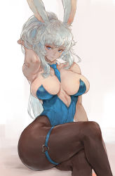 Rule 34 | 1girl, animal ears, black pantyhose, blue eyes, blue leotard, blue necktie, breasts, cleavage, closed mouth, collar, commentary, detached collar, feet out of frame, hand in own hair, highres, large breasts, leotard, long hair, looking at viewer, necktie, original, pantyhose, playboy bunny, rabbit ears, rabbit girl, sidelocks, sitting, solo, strapless, strapless leotard, tezy8art, thigh strap, white background, white collar, white hair