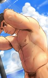 Rule 34 | 1boy, abs, armpit hair, armpits, arms up, bara, barry go, chest hair, cloud, cloudy sky, completely nude, day, facial hair, goatee, hairy, highres, takabushi kengo, male focus, male pubic hair, mature male, muscular, muscular male, navel, navel hair, nipples, nude, out-of-frame censoring, pectorals, penis, penis peek, pubic hair, short hair, showering, sideburns, sky, smile, solo, stomach, stubble, tokyo houkago summoners, wet