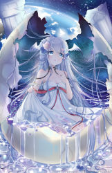 Rule 34 | 1girl, ayasal, blue eyes, blue hair, blush, breasts, cleavage, collarbone, column, dress, egg, eggshell, flower, full body, hair flower, hair ornament, hand on own chest, head wings, highres, long hair, matching hair/eyes, open mouth, original, oversized object, pillar, planet, red ribbon, ribbon, sitting, skirt hold, sleeveless, sleeveless dress, small breasts, solo, sparkle, star (sky), very long hair, water, watermark, web address, white dress, wings