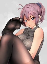 Rule 34 | 1girl, ahoge, aoba (kancolle), bare shoulders, blue eyes, breasts, closed mouth, grey background, hair between eyes, hair ornament, hair scrunchie, horns, kantai collection, looking at viewer, pantyhose, ponytail, purple hair, ribbed sweater, sawamura aoi, scrunchie, short hair, simple background, sitting, sleeveless, sleeveless turtleneck, smile, solo, sweater, toes, turtleneck, turtleneck sweater