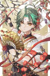 Rule 34 | 1boy, ahoge, alternate costume, alternate hairstyle, black gloves, black hair, eyeliner, facial mark, forehead mark, genshin impact, gloves, green hair, hand fan, highres, holding, holding fan, jewelry, looking at viewer, male focus, multicolored hair, red eyeliner, shiraishi (siraisi00), solo, third-party source, traditional media, xiao (genshin impact), yellow eyes